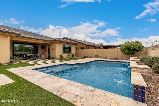view of swimming pool with a fenced in pool, a patio area, and a fenced backyard