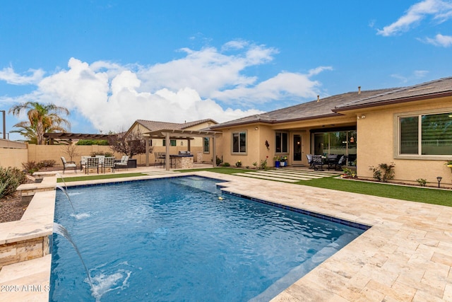 view of swimming pool with a patio, fence, a fenced in pool, and a pergola