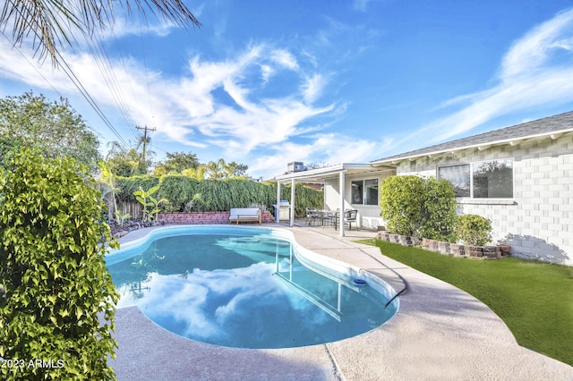 view of pool featuring a lawn and a patio area