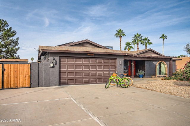 single story home featuring a gate, driveway, an attached garage, and stucco siding