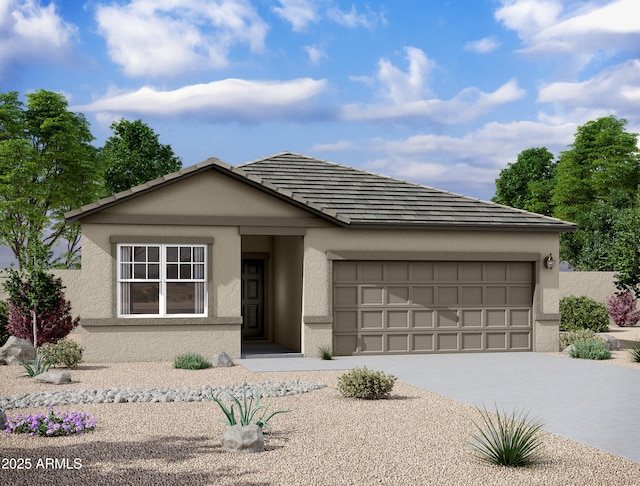 single story home featuring concrete driveway, a tiled roof, an attached garage, and stucco siding