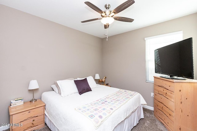 bedroom featuring dark colored carpet and ceiling fan