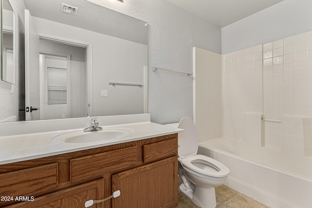 full bathroom with toilet, shower / tub combination, vanity, and tile patterned flooring