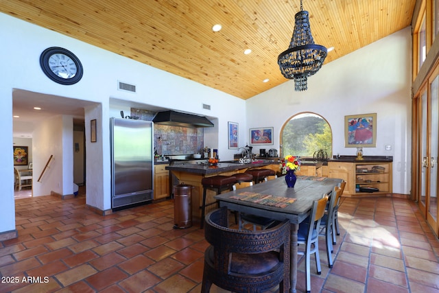 dining area with high vaulted ceiling, wooden ceiling, a chandelier, baseboards, and visible vents