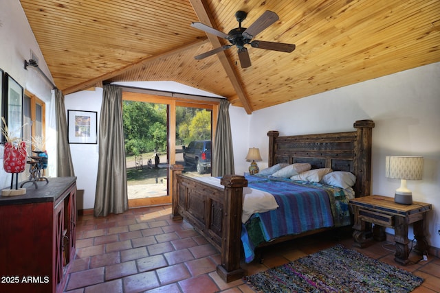 bedroom featuring wooden ceiling, lofted ceiling, ceiling fan, and access to exterior