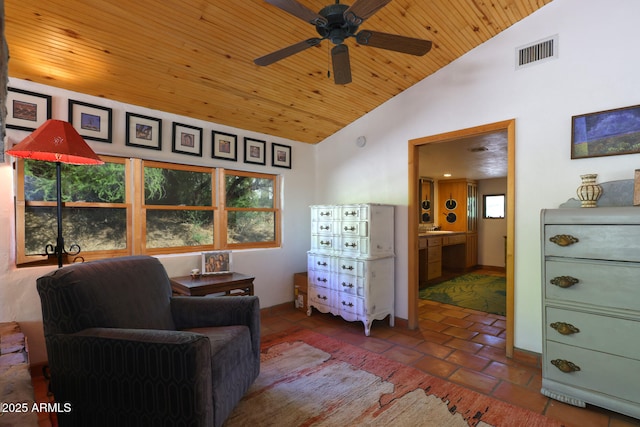 living area featuring ceiling fan, visible vents, wood ceiling, and a wealth of natural light