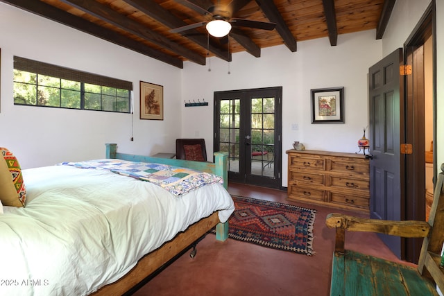 bedroom featuring french doors, wood ceiling, beam ceiling, and access to exterior