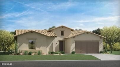 mediterranean / spanish house featuring a garage and a front lawn