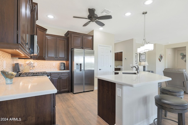 kitchen featuring tasteful backsplash, a center island with sink, appliances with stainless steel finishes, light wood-type flooring, and pendant lighting