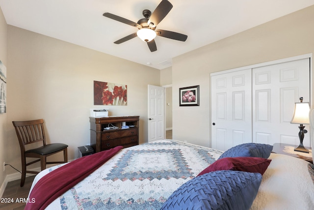 bedroom with a closet, ceiling fan, and hardwood / wood-style floors