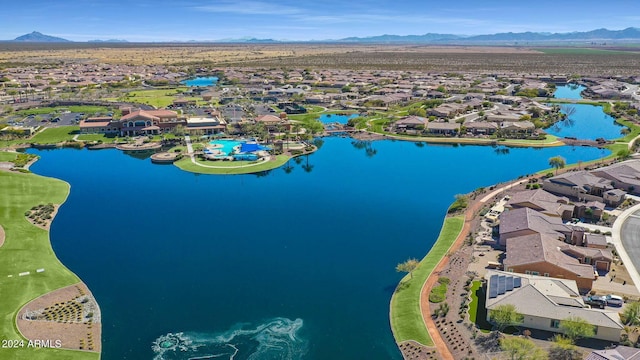birds eye view of property featuring a residential view and a water and mountain view