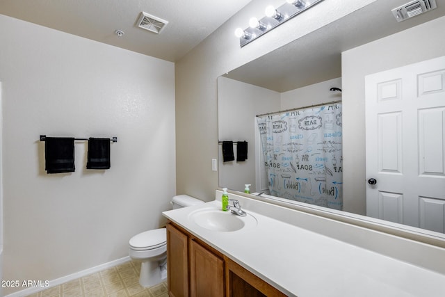 full bathroom with toilet, tile patterned floors, visible vents, and vanity
