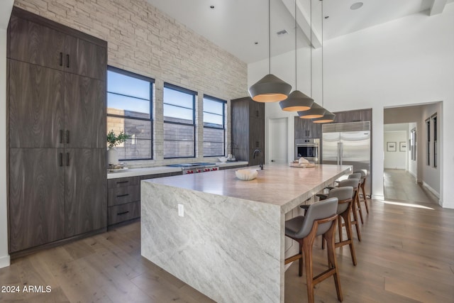 kitchen featuring hanging light fixtures, a towering ceiling, appliances with stainless steel finishes, a large island, and beam ceiling