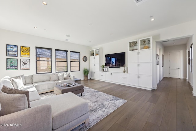 living room with dark hardwood / wood-style floors