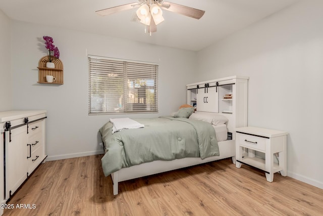 bedroom with ceiling fan and light hardwood / wood-style flooring