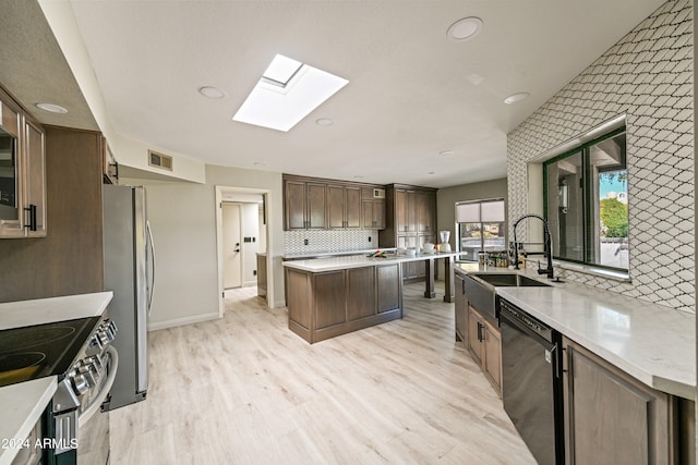 kitchen with sink, backsplash, stainless steel appliances, a center island, and light hardwood / wood-style floors