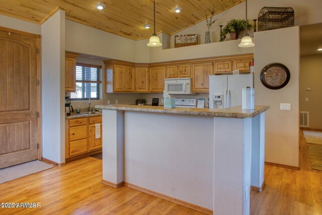 kitchen featuring light wood-style flooring, a sink, white appliances, wood ceiling, and hanging light fixtures