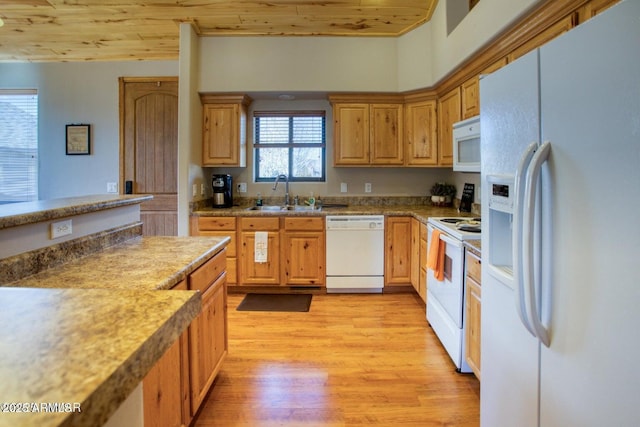 kitchen with light wood-style floors, wood ceiling, a sink, and white appliances