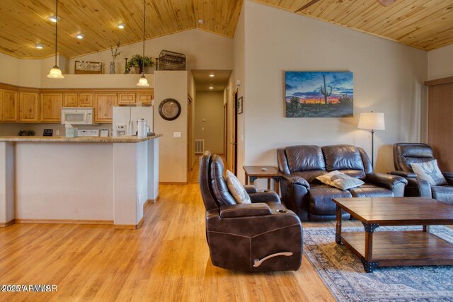 living area featuring high vaulted ceiling, light wood-type flooring, visible vents, and wood ceiling