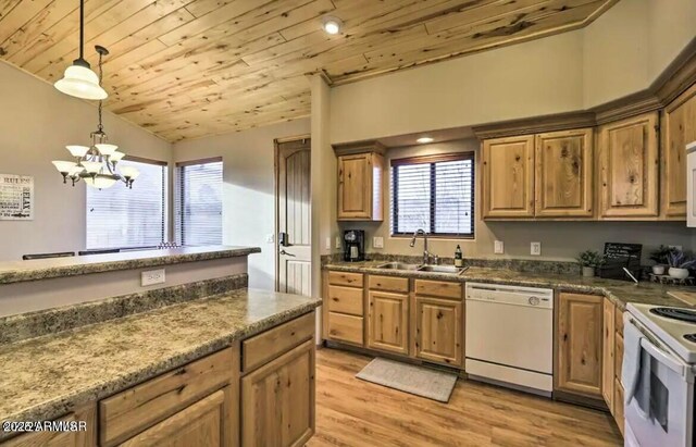 kitchen with a sink, light wood-style floors, white appliances, pendant lighting, and wooden ceiling