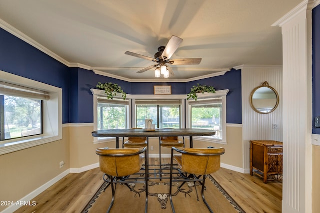 dining room with ceiling fan, ornamental molding, and light hardwood / wood-style flooring