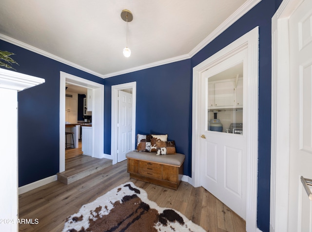 interior space with ornamental molding and wood-type flooring