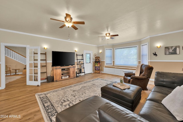 living room featuring ceiling fan, ornamental molding, and light wood-type flooring