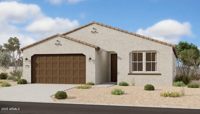 mediterranean / spanish home featuring an attached garage, driveway, a tiled roof, and stucco siding