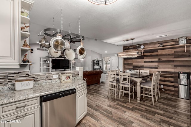 kitchen with open shelves, decorative backsplash, dark wood finished floors, and dishwasher