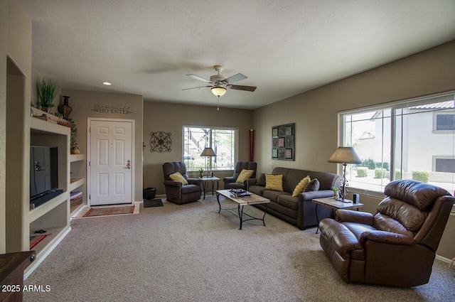 9750 N Monterey Dr Unit 71, Fountain Hills, AZ 85268 - living area featuring carpet, ceiling fan, baseboards, and recessed lighting