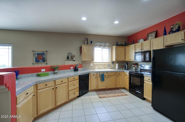 9750 N Monterey Dr Unit 71, Fountain Hills, AZ 85268 - kitchen featuring black appliances, light brown cabinetry, a sink, light tile patterned floors, and light countertops