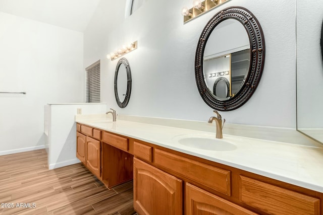 bathroom with vanity and wood-type flooring