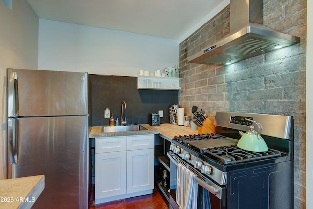 kitchen featuring white cabinetry, stainless steel appliances, ventilation hood, and sink