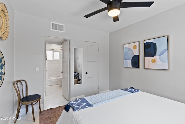 bedroom featuring ceiling fan and connected bathroom