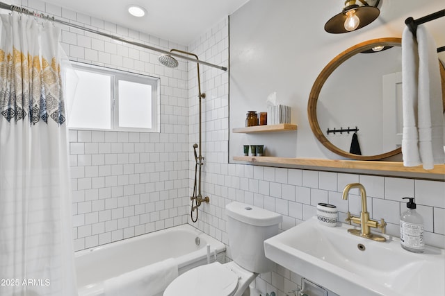 full bathroom with toilet, sink, tile walls, shower / bathtub combination with curtain, and decorative backsplash