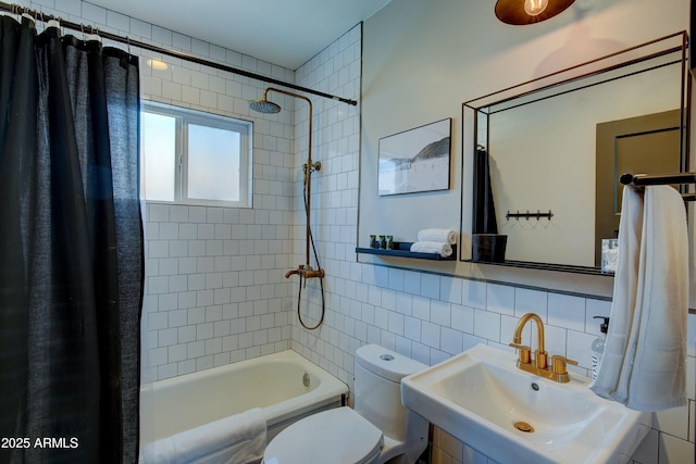 full bathroom featuring sink, tile walls, tasteful backsplash, toilet, and shower / bath combo with shower curtain