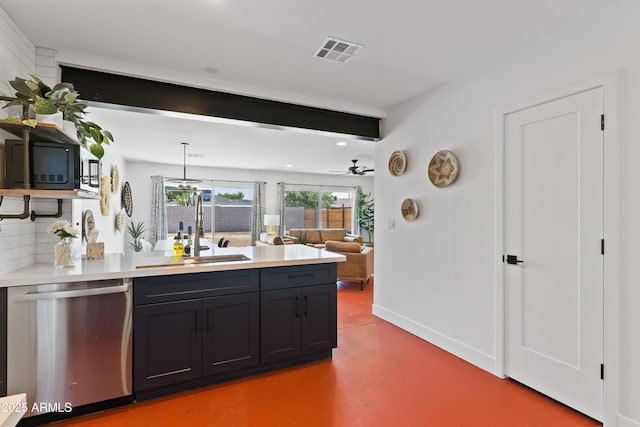 kitchen with sink, hanging light fixtures, stainless steel dishwasher, ceiling fan, and beam ceiling