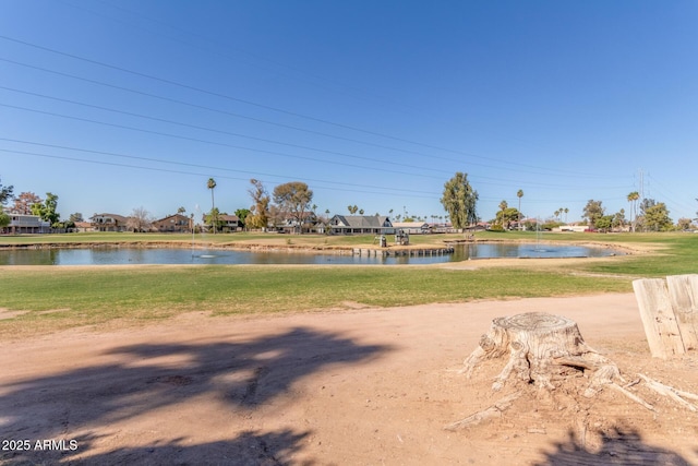 view of property's community featuring a yard and a water view