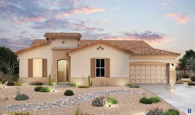 20283 W Mulberry Dr, Buckeye, AZ 85396 - mediterranean / spanish-style home with a tile roof, driveway, a garage, and stucco siding