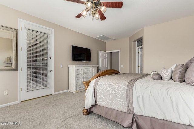 carpeted bedroom with ceiling fan and access to exterior