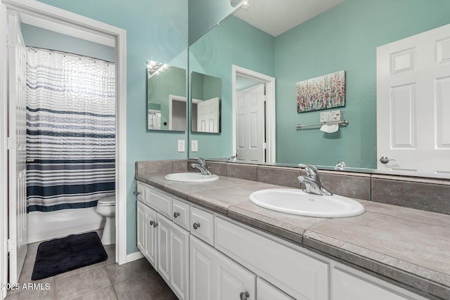 bathroom featuring tile patterned flooring, vanity, toilet, and walk in shower