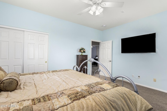 bedroom featuring carpet, ceiling fan, and a closet