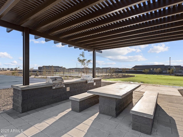 view of patio / terrace with exterior kitchen, grilling area, and a pergola