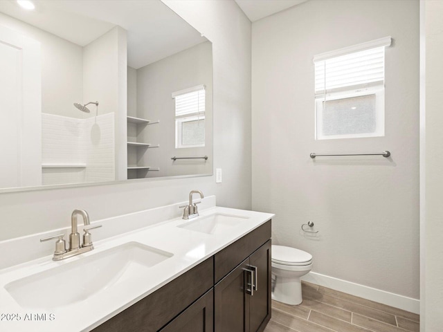 bathroom with vanity, toilet, and walk in shower