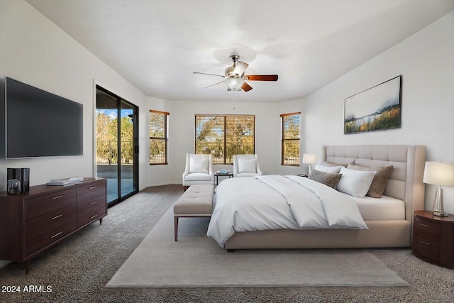 bedroom featuring carpet, ceiling fan, and access to outside