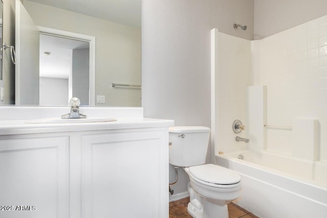 full bathroom featuring shower / bathtub combination, toilet, vanity, and tile patterned flooring