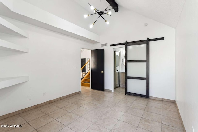 empty room featuring a barn door, visible vents, stairs, beamed ceiling, and an inviting chandelier