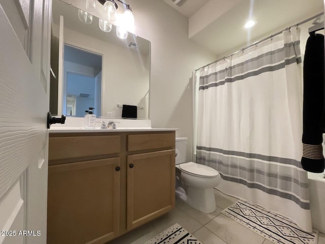8521 S 67th Dr, Laveen, AZ 85339 - bathroom featuring toilet, tile patterned floors, vanity, and a shower with curtain