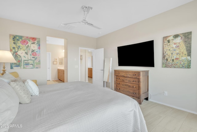 bedroom featuring ceiling fan and ensuite bathroom