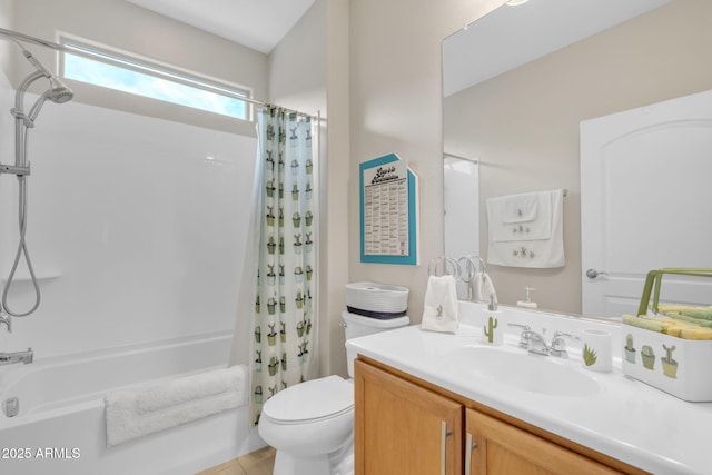 full bathroom with vanity, toilet, and shower / bath combo with shower curtain